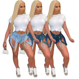Denim Rhinestone Tassel Jeans Shorts GCNF-0169
