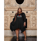 Plus Size Printed Long Sleeve Irregular Midi Dress GCNF-3262