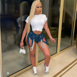 Denim Rhinestone Tassel Jeans Shorts GCNF-0169