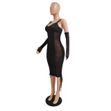 Sexy Mesh Patchwork Midi Dress With Thumb Hole Sleeves GCNF-0167