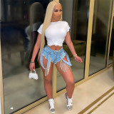 Denim Rhinestone Tassel Jeans Shorts GCNF-0169