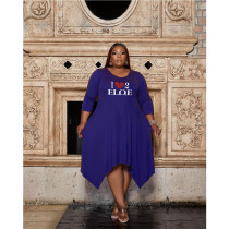 Plus Size Printed Long Sleeve Irregular Midi Dress GCNF-3262