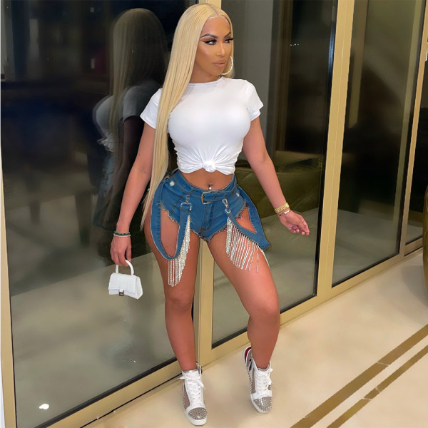 Denim Rhinestone Tassel Jeans Shorts GCNF-0169