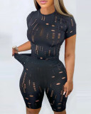 Solid Hole Tight Two Piece Shorts Set LSD-82033
