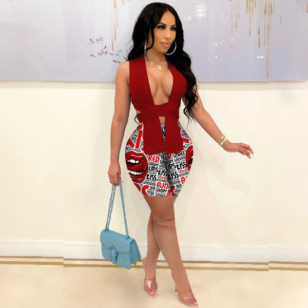 Sexy Lip Print Two Piece Shorts Set JZHF-8103