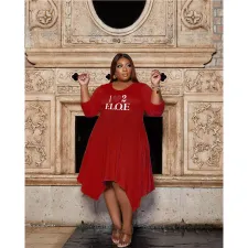 Plus Size Printed Long Sleeve Irregular Midi Dress GCNF-3262