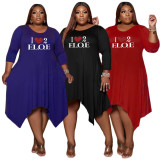 Plus Size Printed Long Sleeve Irregular Midi Dress GCNF-3262