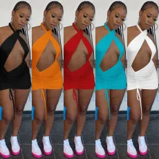 Solid Drawstring Ruched Hollow Halter Mini Dress MA-Y450