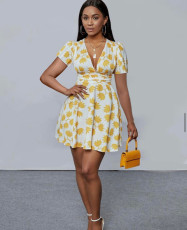 Sexy Printed Deep V Neck Slim-Waist Mini Dress JZHF-8105