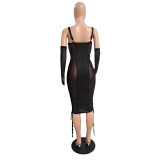 Sexy Mesh Patchwork Midi Dress With Thumb Hole Sleeves GCNF-0167