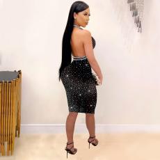 Plus Size Hot Drilling Deep V Neck Halter Night Club Dress (With Briefs) NY-2322