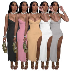 Solid Spaghetti Strap High Split Maxi Dress YIBF-60134