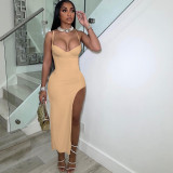 Solid Spaghetti Strap High Split Maxi Dress YIBF-60134