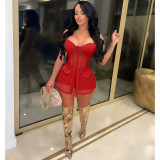 Sexy Mesh Patchwork Sleeveless 2 Piece Shorts Set YMEF-5060