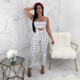 Plaid Tube Top+Strap Jumpsuit 2 Piece Sets BN-9065