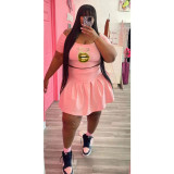 Plus Size Lip Print Crop Top Pleated Mini Skirt 2 Piece Sets WAF-426217