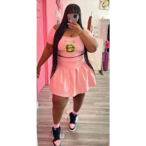 Plus Size Lip Print Crop Top Pleated Mini Skirt 2 Piece Sets WAF-426217