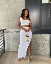 Solid One Shoulder Irregular Long Skirt 2 Piece Sets WSM-5306