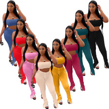 Solid Sexy Crop Top Stacked Pants 2 Piece Sets YIM-251
