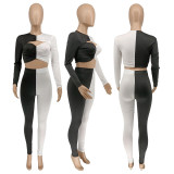 Splice Long Sleeve Cropped Top And Pants Two Piece Sets WMEF-20776