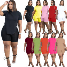 Plus Size Solid Lace-Up T Shirt And Shorts 2 Piece Sets TK-6226