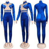 Plus Size Long Sleeve Mesh Splice Hot Diamond Jumpsuits NY-2261
