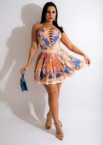 Fashion Sexy Print Tube Top Hollow Bandage Pleated Skirt Set CM-8603