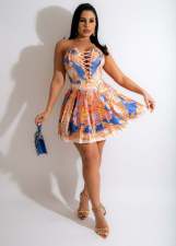 Fashion Sexy Print Tube Top Hollow Bandage Pleated Skirt Set CM-8603