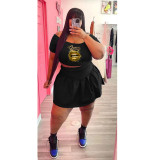 Plus Size Lip Print Crop Top Pleated Mini Skirt 2 Piece Sets WAF-426217