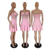 Sexy Mesh Patchwork Pleated Sling Mini Dress GDYF-6930