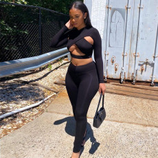 Casual Sexy Tight Hollow Solid Color Long Sleeve And Pants 2 Piece Sets XEF-K21S04311