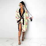 Sexy Printed Long Sleeve Sashes Nightgown SHD-9813