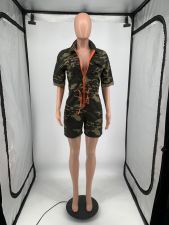 Plus Size Camo Print Short Sleeve Zipper Romper YIM-250