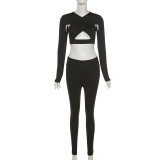 Casual Sexy Tight Hollow Solid Color Long Sleeve And Pants 2 Piece Sets XEF-K21S04311