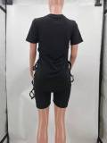 Plus Size Solid Lace-Up T Shirt And Shorts 2 Piece Sets TK-6226