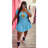Plus Size Lip Print Crop Top Pleated Mini Skirt 2 Piece Sets WAF-426217