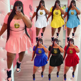 Plus Size Lip Print Crop Top Pleated Mini Skirt 2 Piece Sets WAF-426217