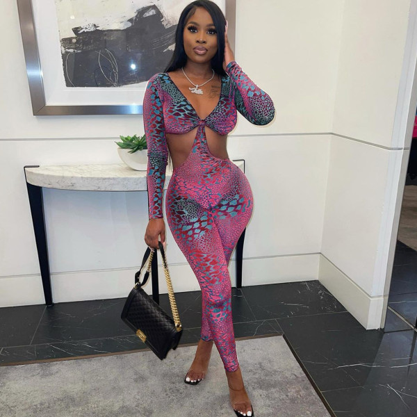 Fashion Print Hollow Long Sleeve Jumpsuit  WMEF-20779