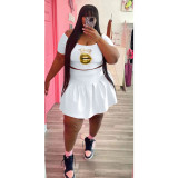 Plus Size Lip Print Crop Top Pleated Mini Skirt 2 Piece Sets WAF-426217