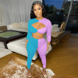 Splice Long Sleeve Cropped Top And Pants Two Piece Sets WMEF-20776