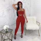 Plaid Tube Top+Strap Jumpsuit 2 Piece Sets BN-9065