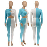 Splice Long Sleeve Cropped Top And Pants Two Piece Sets WMEF-20776