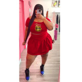 Plus Size Lip Print Crop Top Pleated Mini Skirt 2 Piece Sets WAF-426217