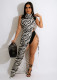 Zebra Stripe Sleveless High Split Maxi Dress SHD-9812
