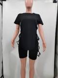 Plus Size Solid Lace-Up T Shirt And Shorts 2 Piece Sets TK-6226