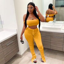 Solid Sexy Crop Top Stacked Pants 2 Piece Sets YIM-251