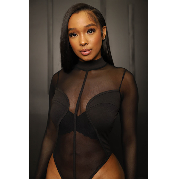 Sexy Mesh Patchwork Long Sleeve Bodysuit GDYF-6929