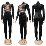 Plus Size Long Sleeve Mesh Splice Hot Diamond Jumpsuits NY-2261