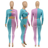 Splice Long Sleeve Cropped Top And Pants Two Piece Sets WMEF-20776