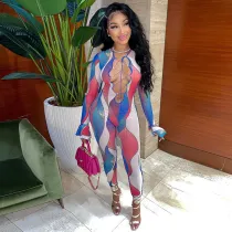 Fashion Sexy Print Hollow Bandage Jumpsuit WMEF-20780